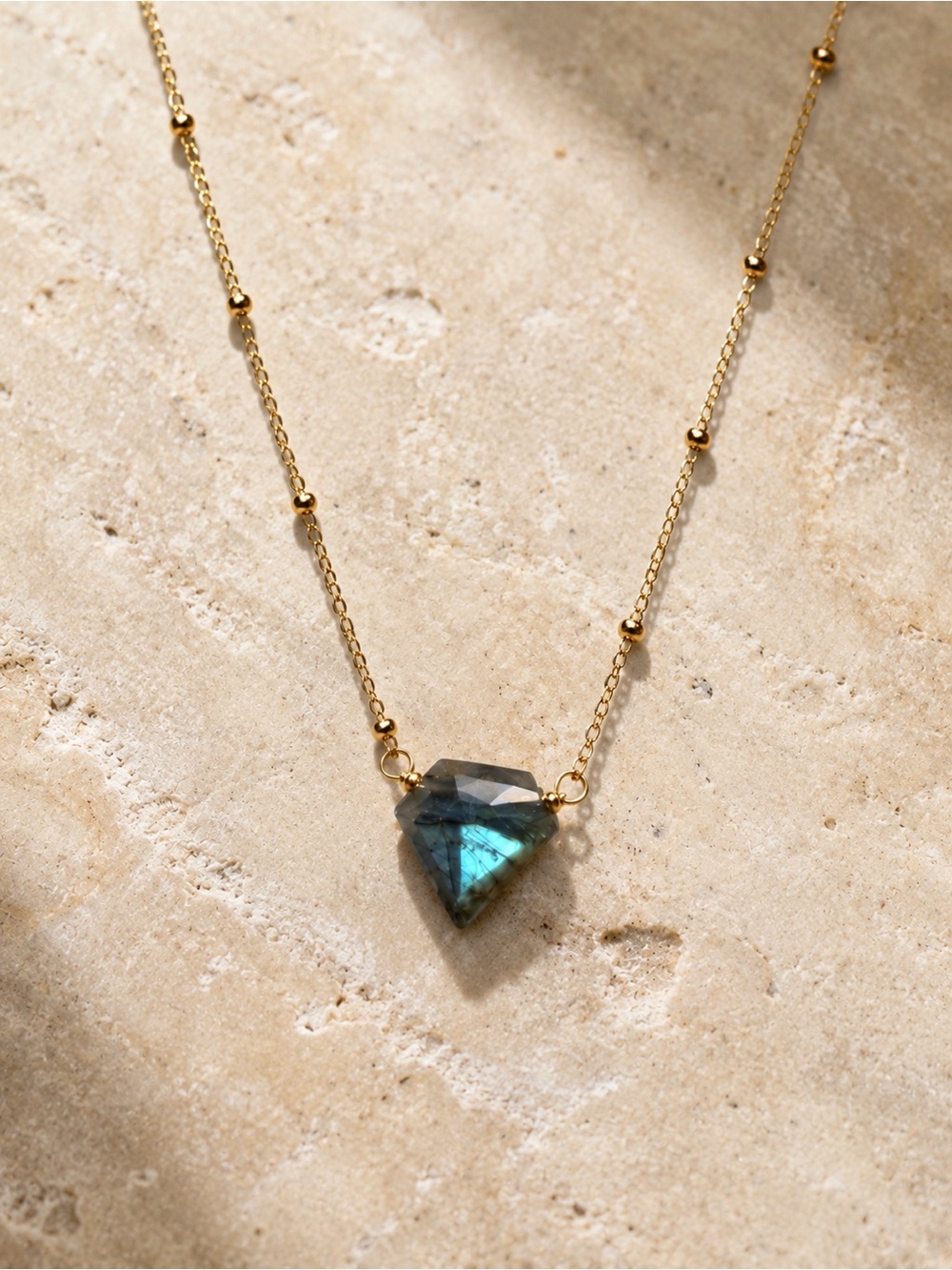 Gold Beaded Chain Necklace with Blue-Green Labradorite Pendant